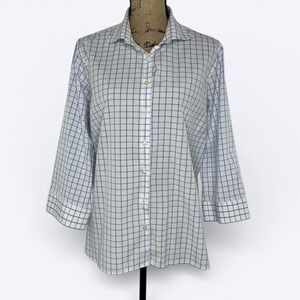 Lands End Button Up Shirt Blue White Windowpane 3/4 Sleeve Office Womens 20W